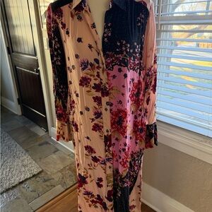 Free People Maxi Dress Floral Print Long Sleeve Black Pink Size Small
